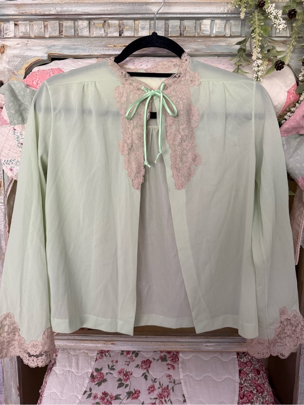 Mint Green Lace-Trim Vintage Robe Jacket
